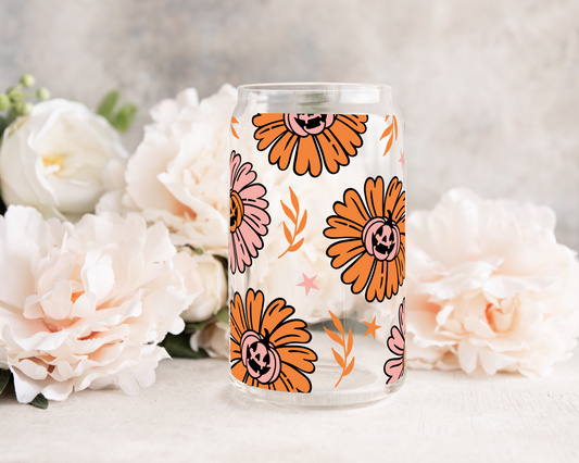 Pumpkin Daisy Flower - UV DTF 16 oz Libbey Cup Wrap (Ready to Ship)
