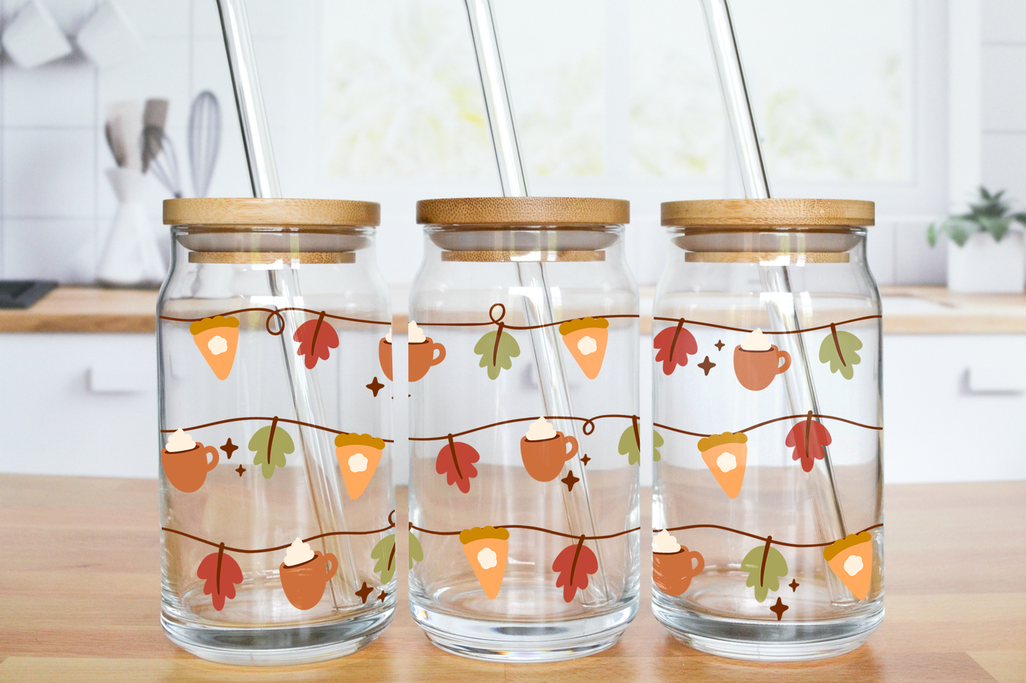Pumpkin Pie String Lights - UV DTF 16 oz Libbey Cup Wrap (Ready to Ship)