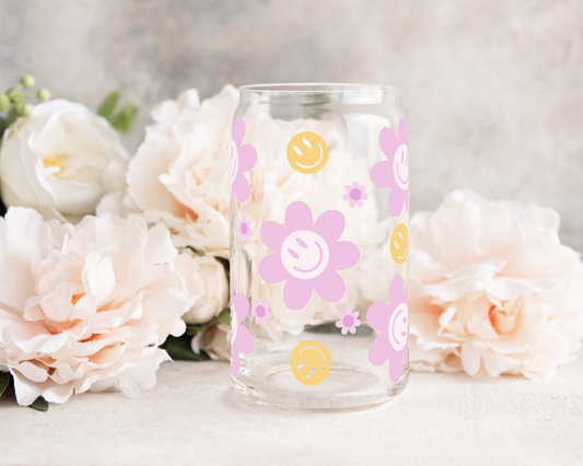 Purple Flower Smileys - UV DTF 16 oz Libbey Cup Wrap (Ready to Ship)