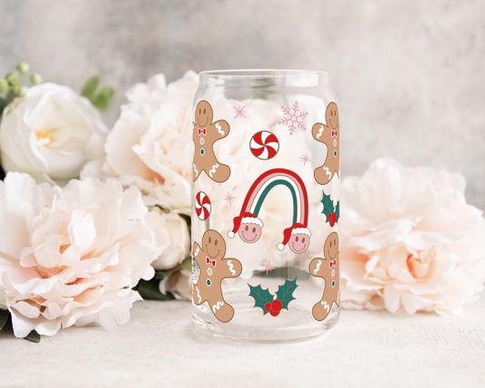 Rainbow Christmas Gingerbread - UV DTF 16 oz Libbey Cup Wrap (Ready to Ship)