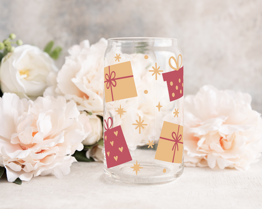 Red and Gold Christmas Presents - UV DTF 16 oz Libbey Cup Wrap (Ready to Ship)