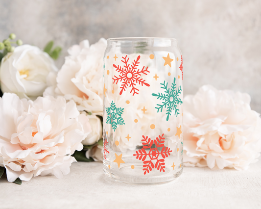 Red and Green Snowflakes - UV DTF 16 oz Libbey Cup Wrap (Ready to Ship)