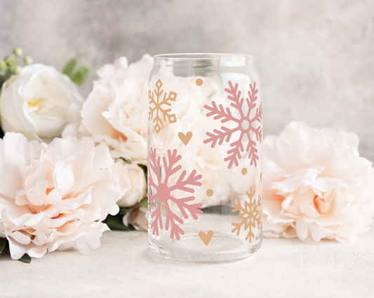 Rose and Gold Snowflakes - UV DTF 16 oz Libbey Cup Wrap (Ready to Ship)