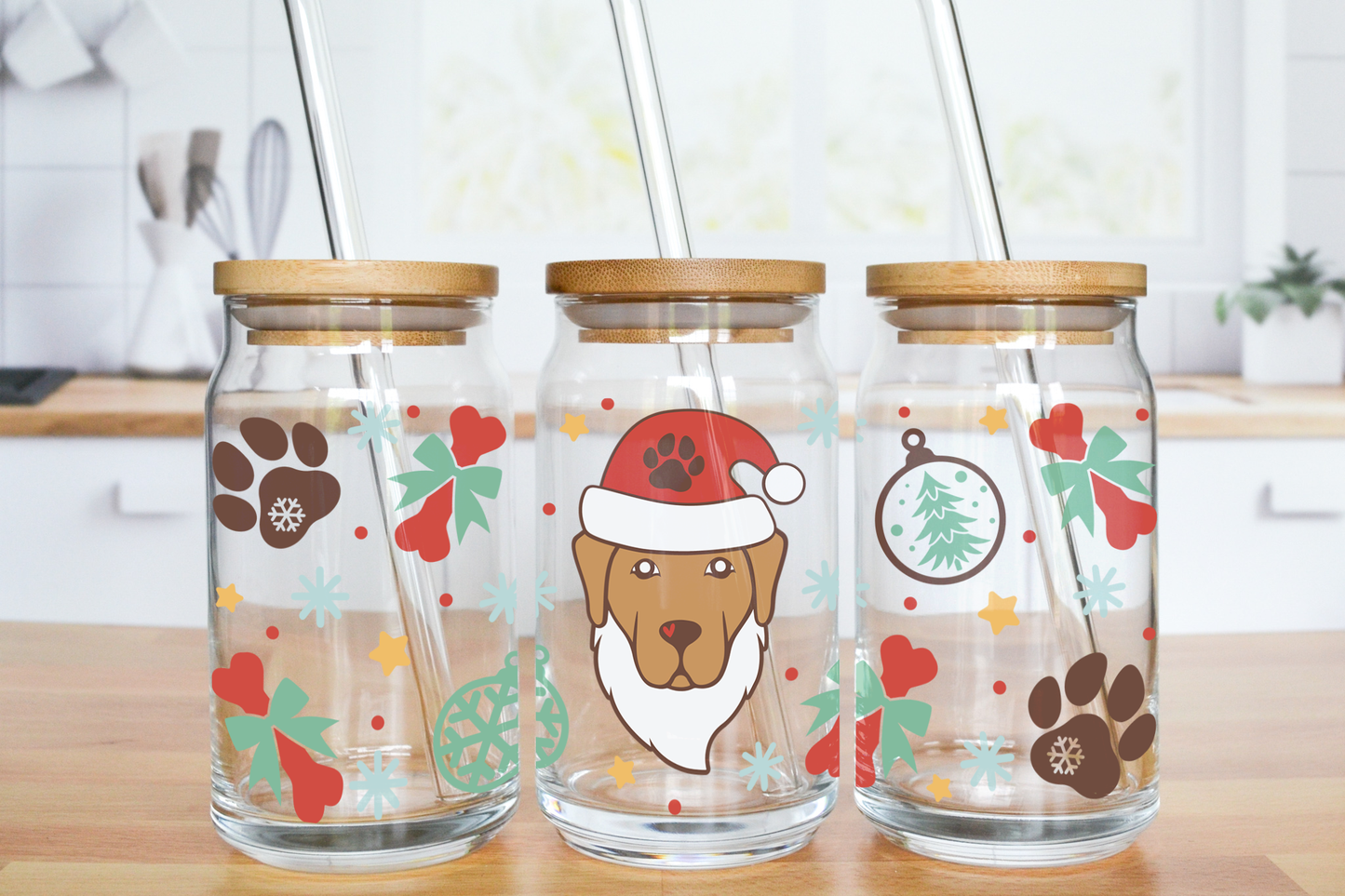 Santa Dog - UV DTF 16 oz Libbey Cup Wrap (Ready to Ship)