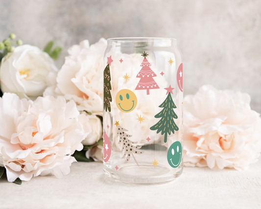 Smiley Christmas Theme - UV DTF 16 oz Libbey Cup Wrap (Ready to Ship)
