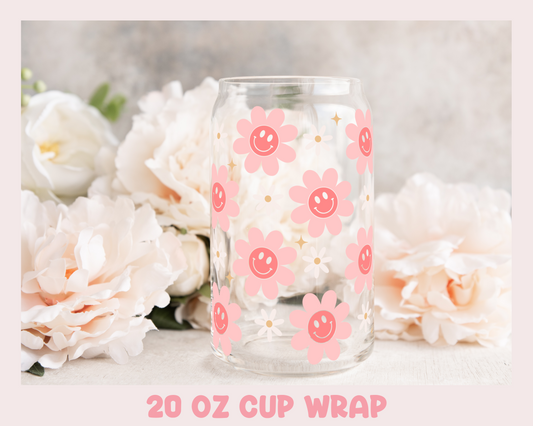 Smiley Flowers - UV DTF 20 oz Libbey Cup Wrap (Ready to Ship)