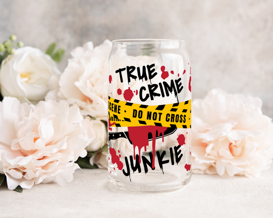 True Crime Junkie - UV DTF 16 oz Libbey Cup Wrap (Ready to Ship)