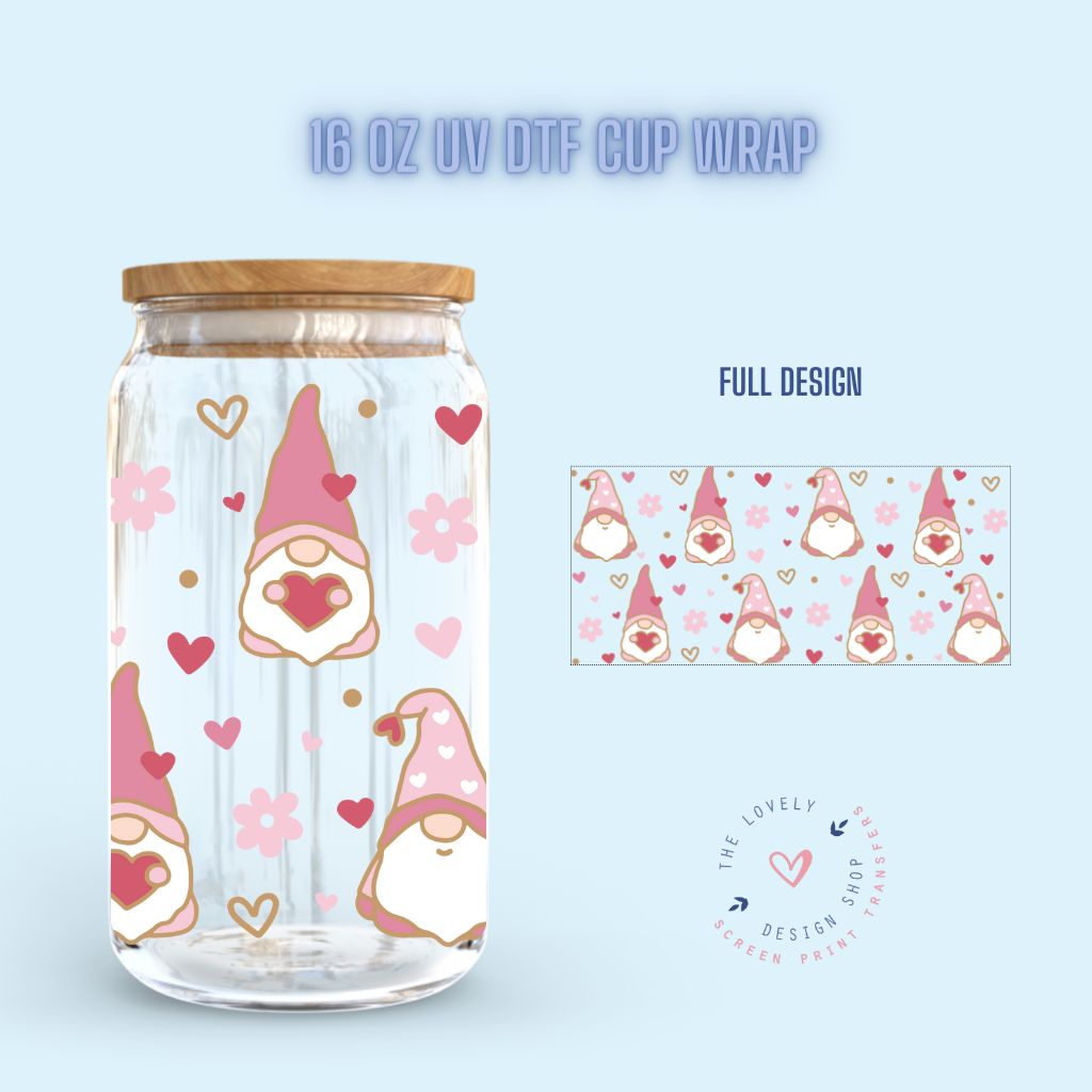 Valentine Gnomes - UV DTF 16 oz Libbey Cup Wrap (Ready to Ship)